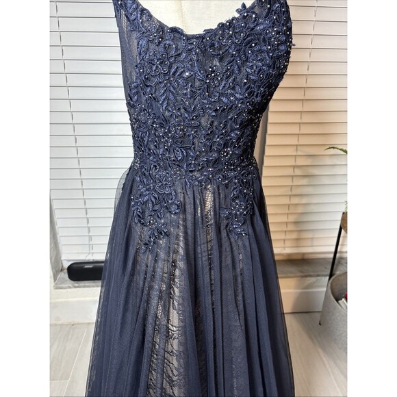 Xscape Navy Blue Lace Beaded tulle overlay Evening Gown Size 8 Formal Prom - Picture 6 of 17